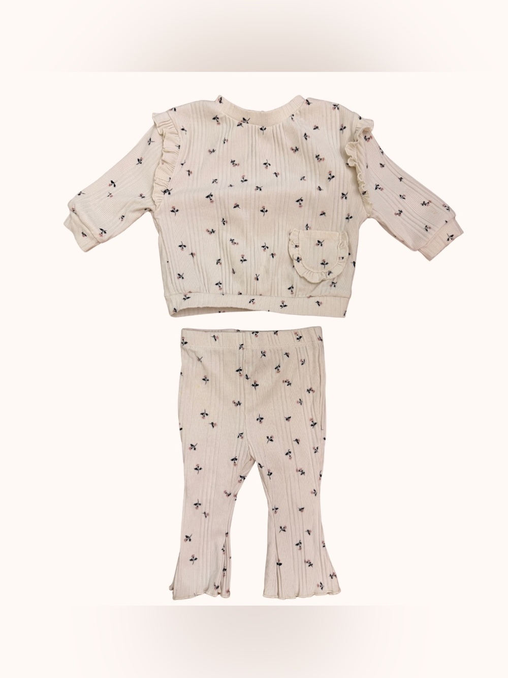 Cream Floral Ruffle-Trim Two-Piece Kids Pajama Set